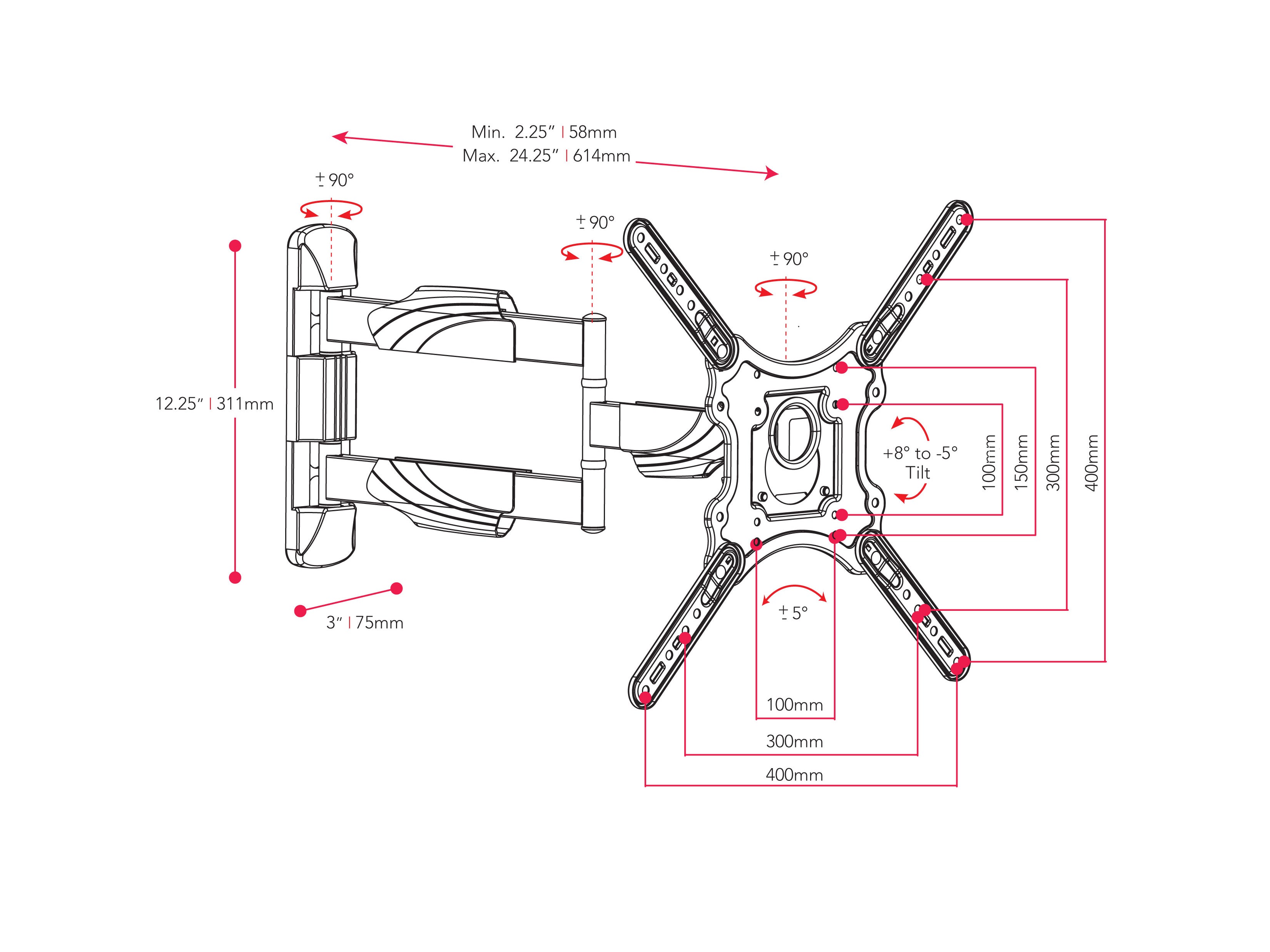 Full motion TV wall mount with adjustable arms, black finish, and sturdy steel construction for 23" - 55" TVs, featuring swivel, tilt, and extendable design for optimal viewing angles and space-saving installation.