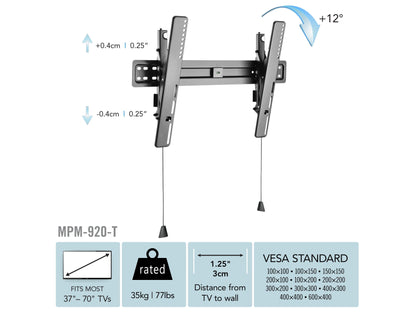 Tilting TV wall mount for 37"-70" TVs, black, sturdy steel construction, adjustable tilt, easy installation, sleek design, ideal for living rooms and home theaters.