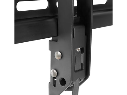 Tilting TV wall mount for 43" to 90" TVs, black steel frame with adjustable tilt mechanism, sturdy construction, easy installation, and universal compatibility for various TV brands and sizes.