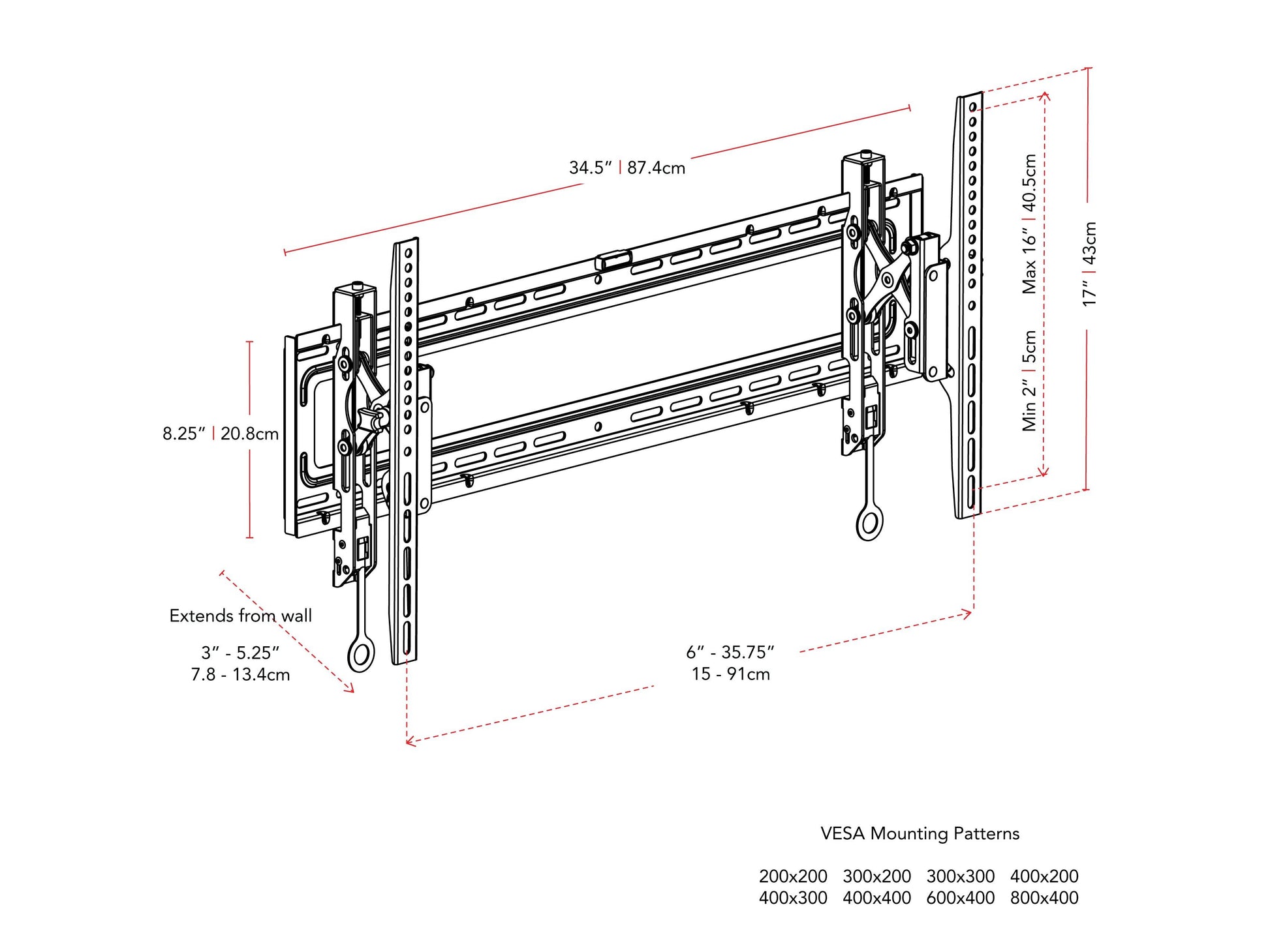 Tilting TV wall mount for 43" to 90" TVs, black steel frame with adjustable tilt feature, robust construction for secure mounting, easy installation with included hardware, ideal for home or office use.