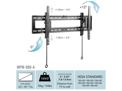 Tilting TV wall mount for 43" to 90" TVs, black steel frame, adjustable tilt mechanism, easy installation, sturdy construction, low-profile design for a sleek and modern look.