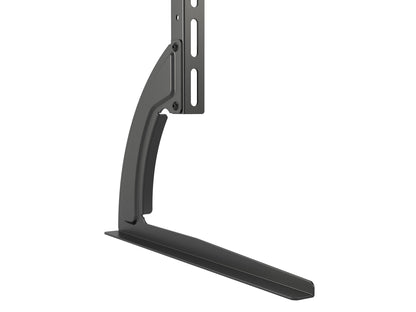 Black metal TV base stand for 70" TVs, sleek design with sturdy construction and adjustable feet.