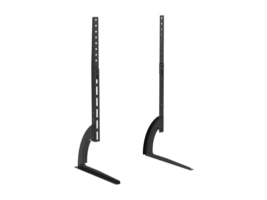 Black TV base stand for TVs up to 70 inches, featuring a sleek metal frame and sturdy design.