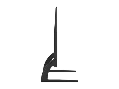 Black metal TV base stand for screens up to 70 inches, featuring a sleek design and sturdy construction.