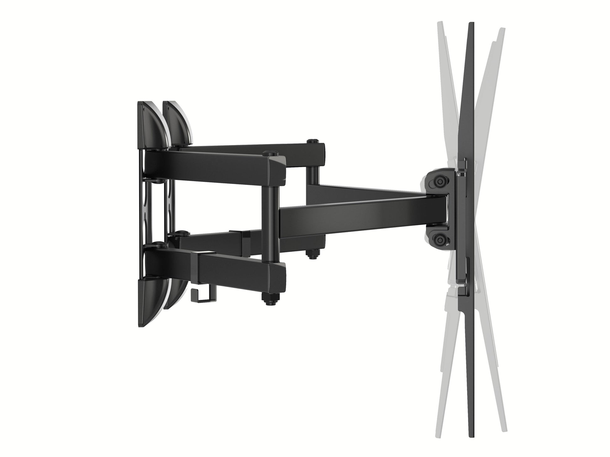 Corner TV wall mount with adjustable arms, black finish, and heavy-duty steel construction for flat-screen TVs.