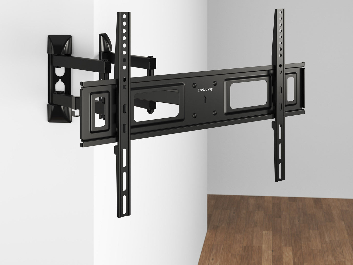 Corner TV wall mount, adjustable black metal bracket, fits flat-screen TVs, space-saving design.