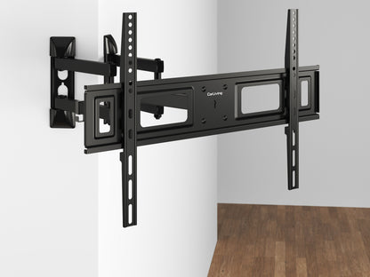 Corner TV wall mount, adjustable black metal bracket, fits flat-screen TVs, space-saving design.