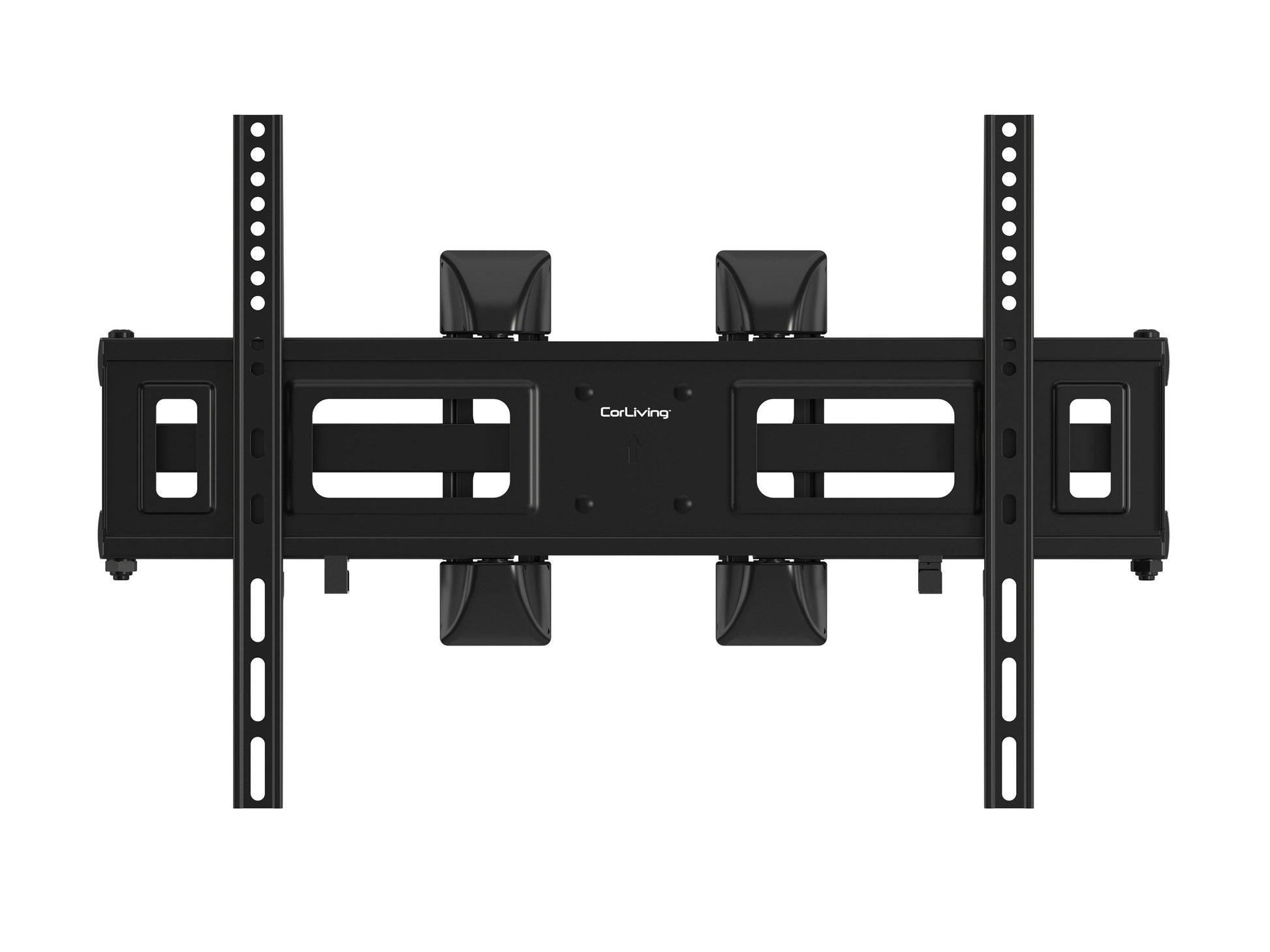 Black corner TV wall mount with adjustable arms, heavy-duty steel construction, and sleek design for flat-screen TVs.