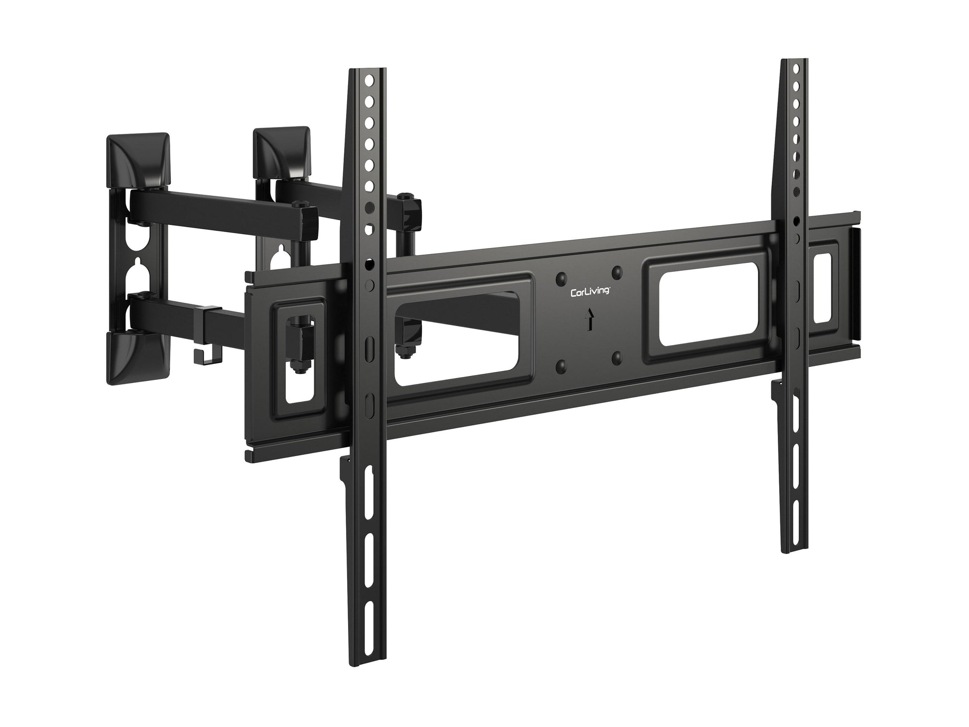 Black corner TV wall mount with adjustable arms, universal fit, and sturdy metal construction for flat-screen TVs.