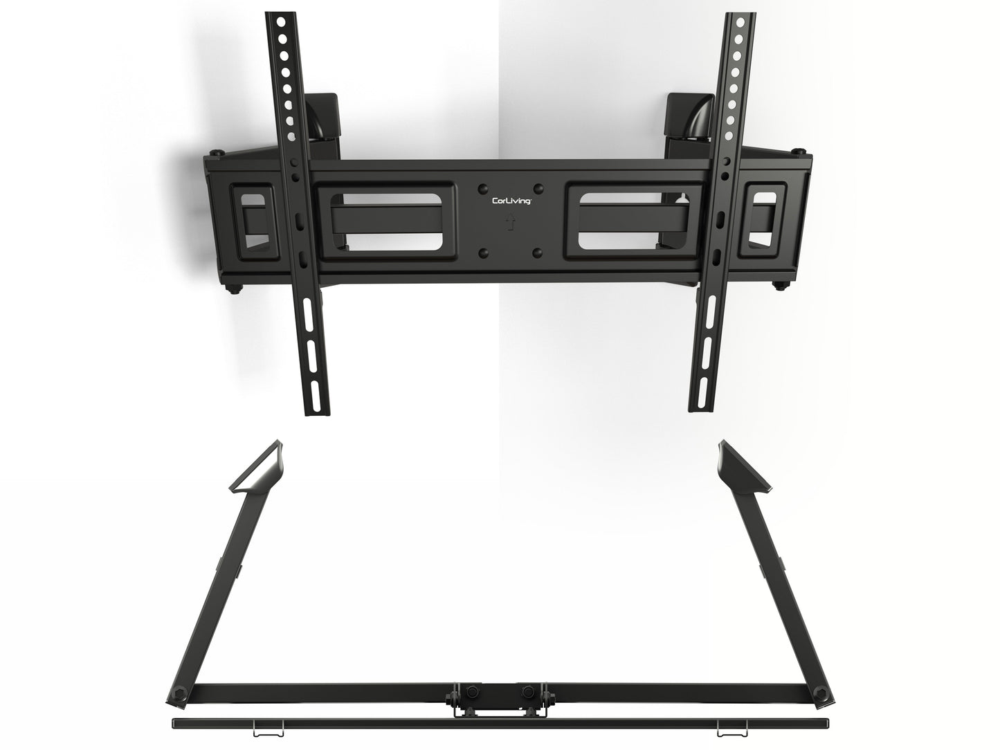 Corner TV wall mount, black steel, adjustable brackets, supports up to 55" screens, space-saving design.