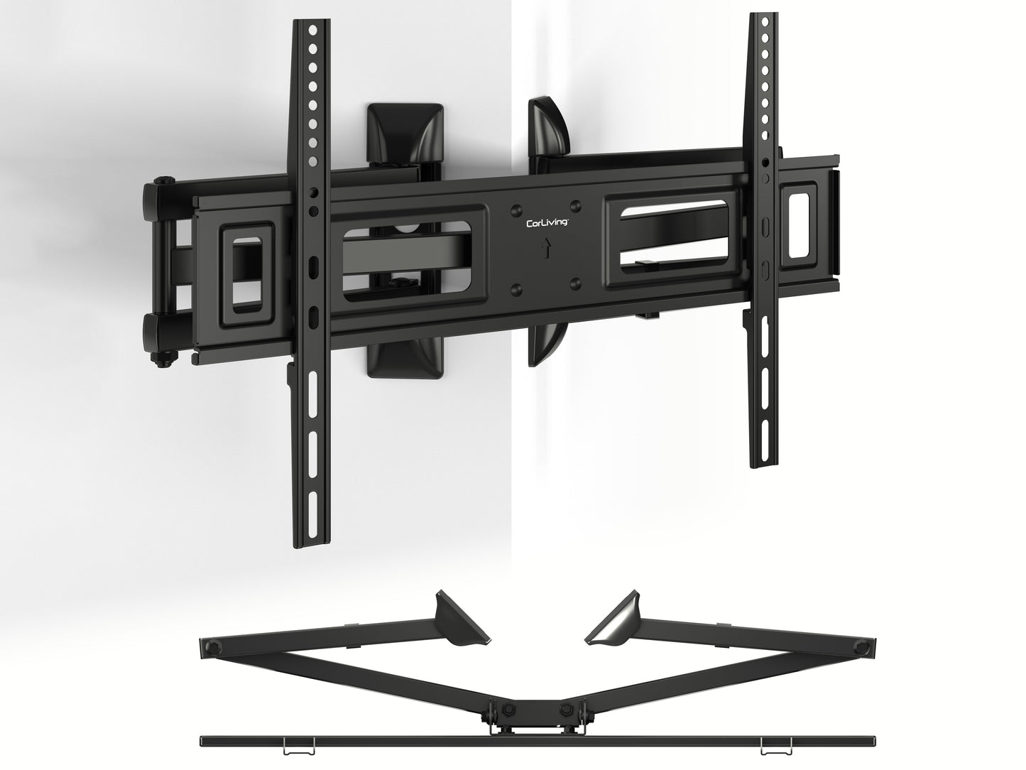 Adjustable corner TV wall mount with a sleek black finish, sturdy construction, and space-saving design.