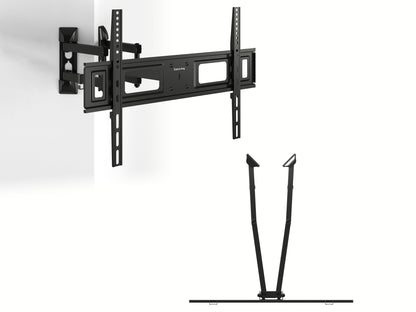 Adjustable corner TV wall mount, matte black finish, sturdy steel construction, fits most flat-screen TVs, space-saving design.