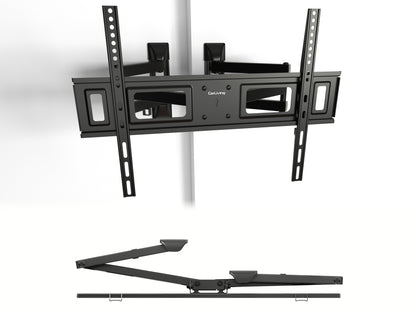 Corner TV wall mount with adjustable arms, sleek black finish, and sturdy steel construction for flat-screen televisions.