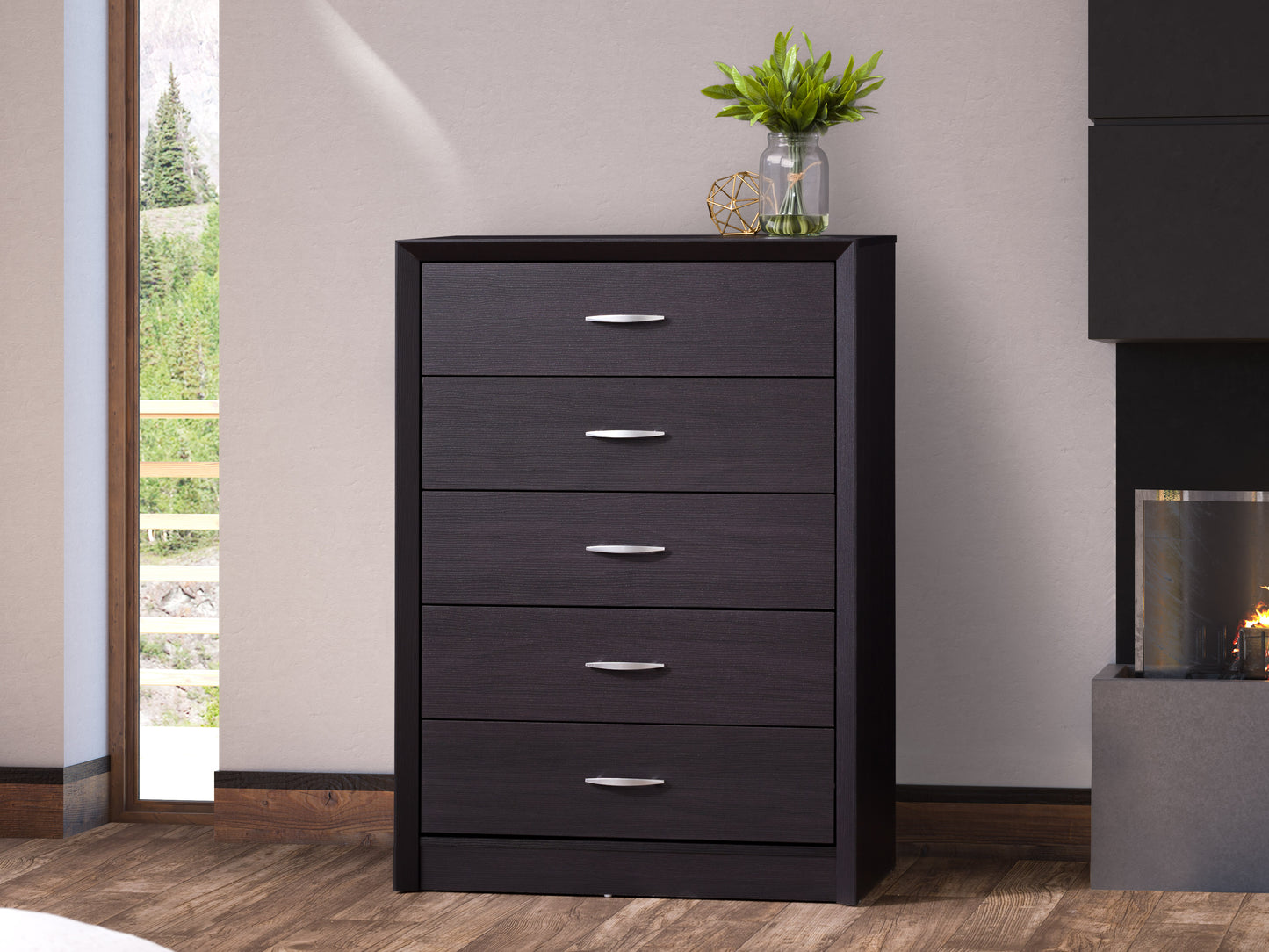 Tall Black Dresser with 5 Interlocking Drawers