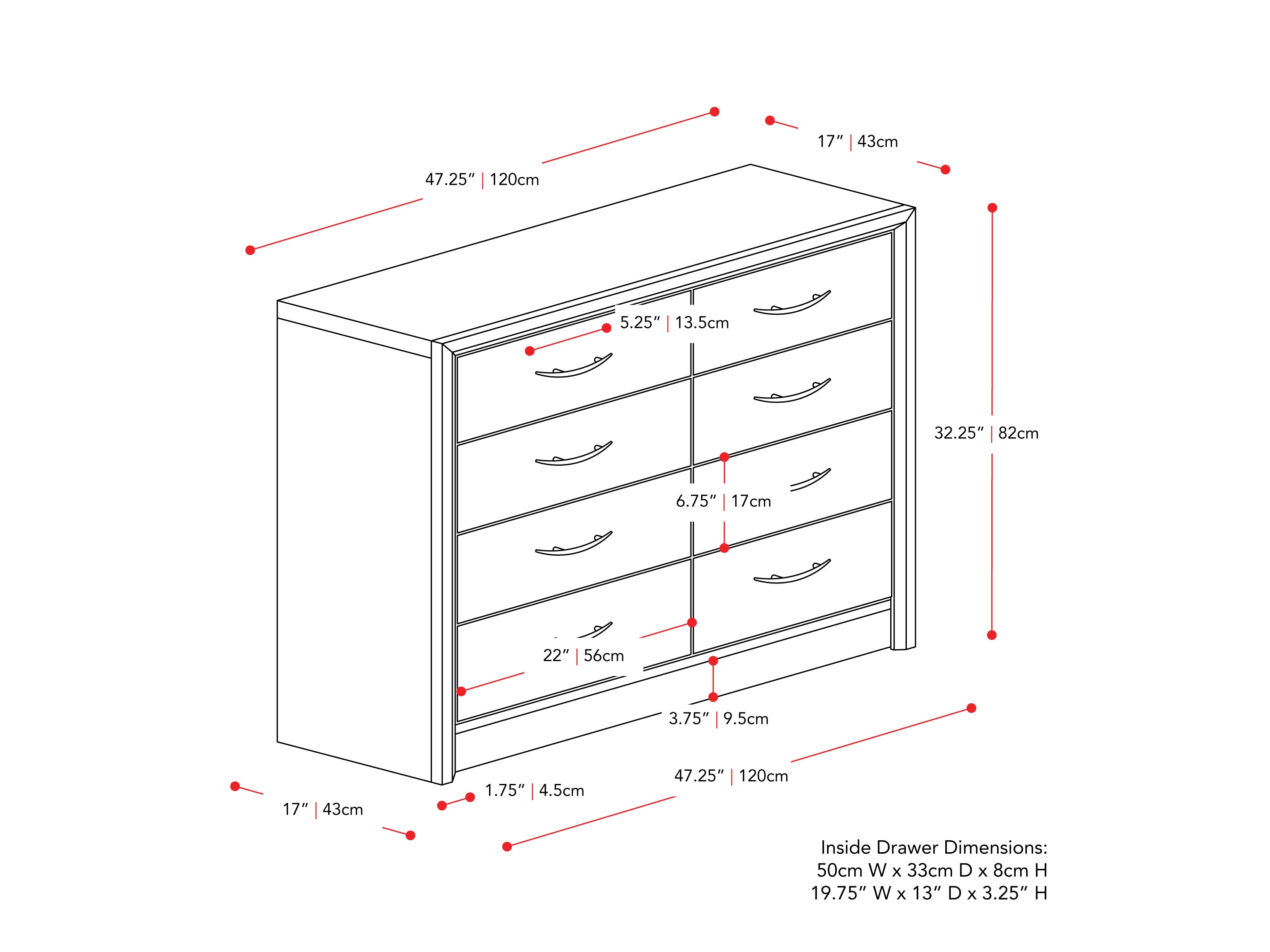 Wide Black Dresser with 8 Interlocking Drawers