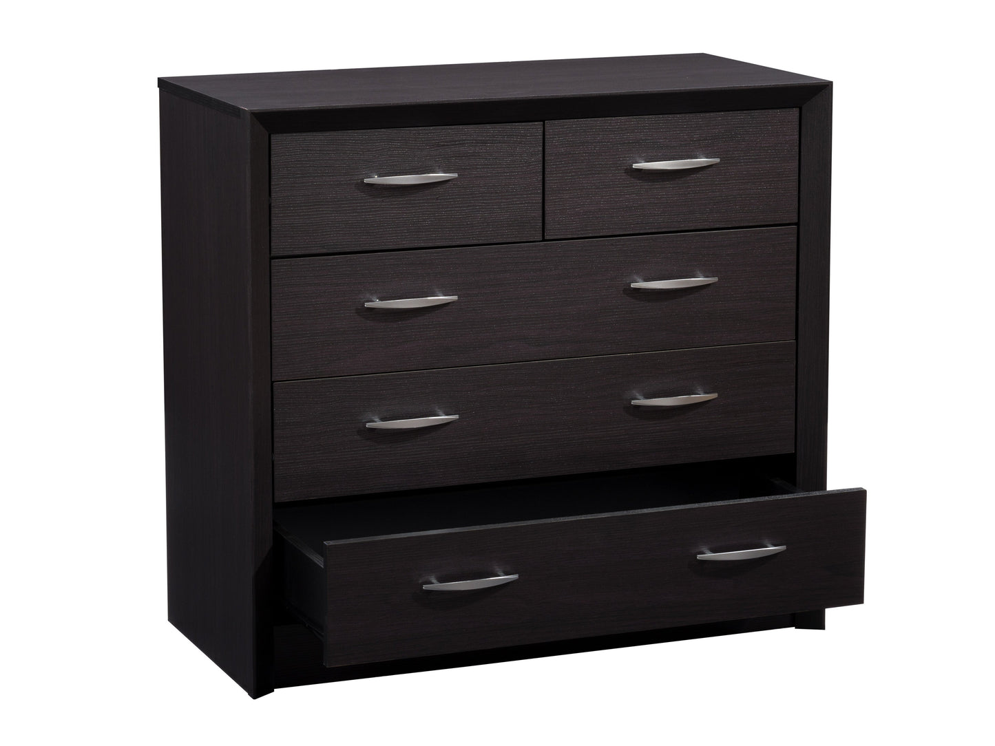 Mid-century modern black dresser with sleek lines, brass handles, and tapered wooden legs.