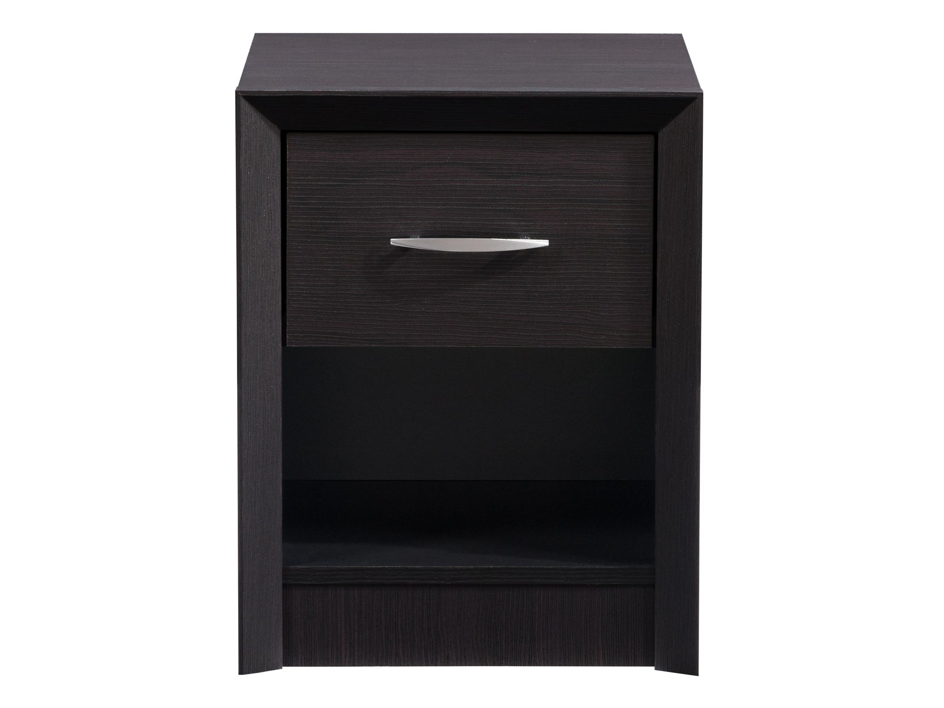 Mid-century modern black nightstand with sleek lines, wooden legs, and a single drawer for bedroom storage.