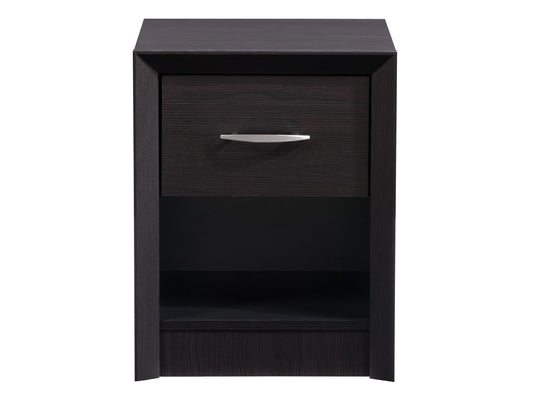 Mid-century modern black nightstand with sleek lines, wooden legs, and a single drawer for bedroom storage.