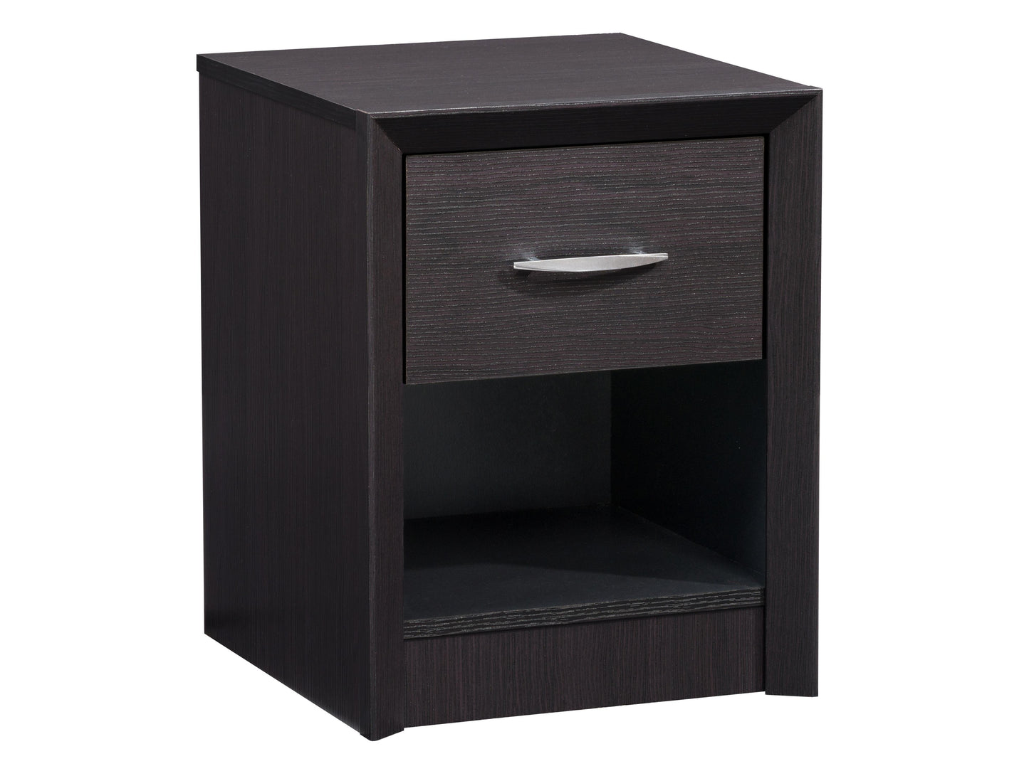 Black mid-century modern nightstand with two drawers, tapered wooden legs, and sleek minimalist design.