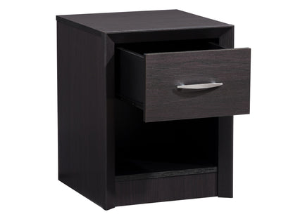 Mid-century modern black nightstand with sleek lines, two drawers, and wooden legs.