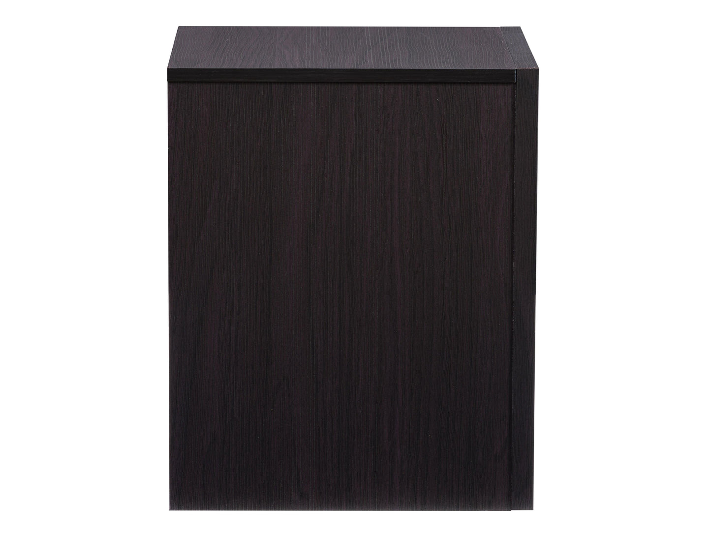 Mid-century modern black nightstand with two drawers, wooden legs, and sleek design for bedroom storage.