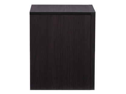 Mid-century modern black nightstand with two drawers, wooden legs, and sleek design for bedroom storage.