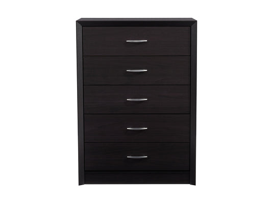 Tall black bedroom dresser with sleek design, multiple drawers, and modern metal handles.