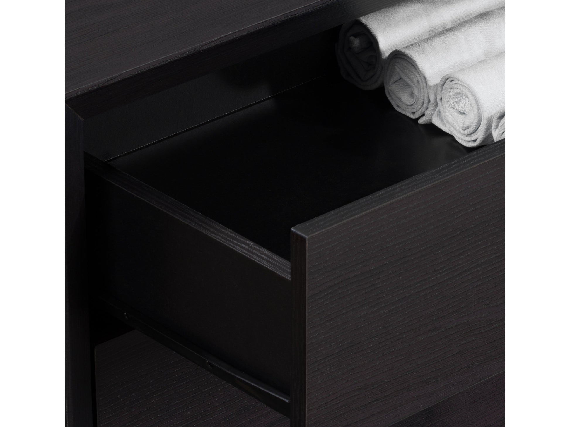 Black 8 drawer dresser with sleek metal handles, modern design, and smooth matte finish.