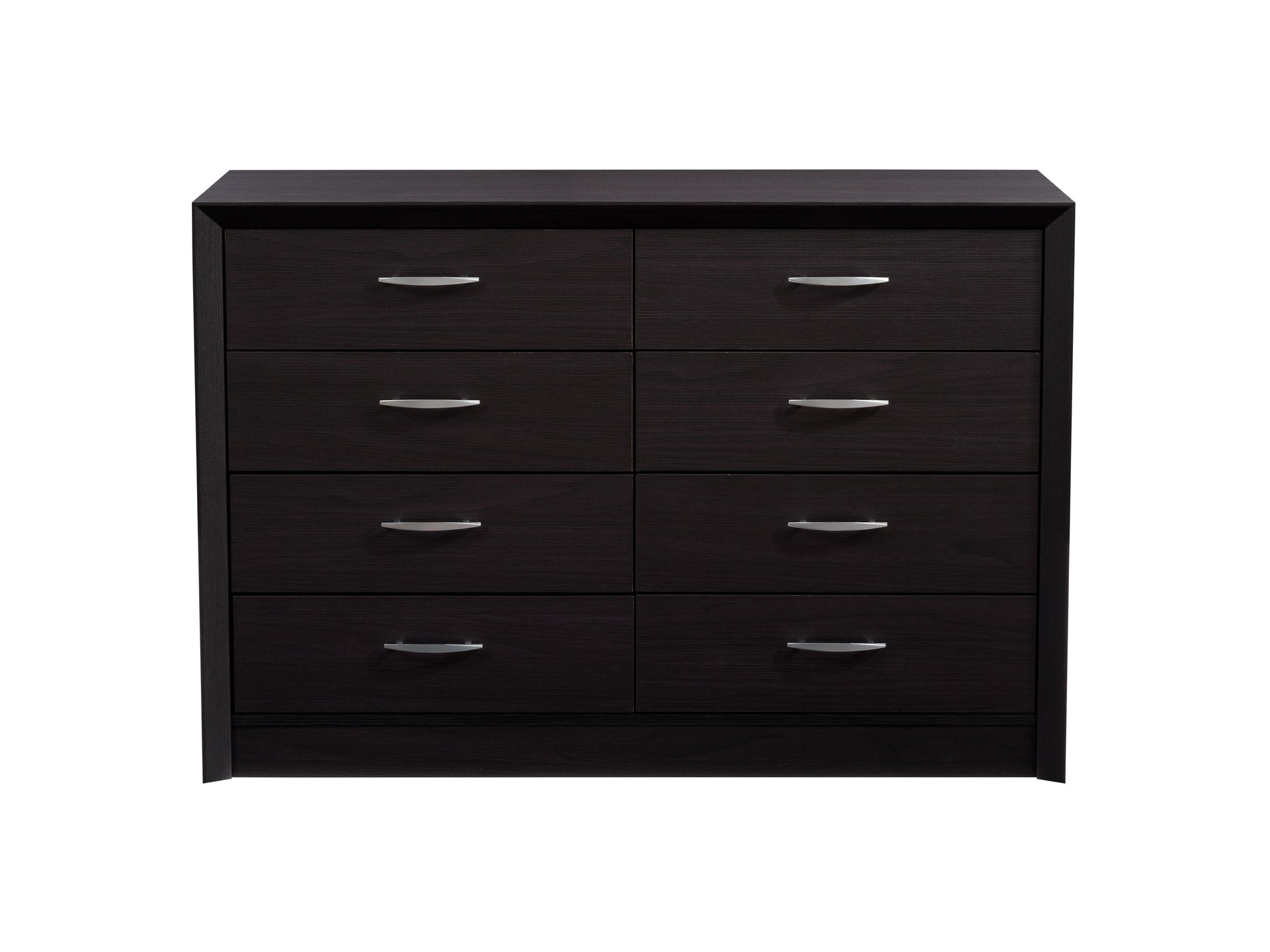 Black 8 drawer dresser with sleek metal handles, modern design, and ample storage space.