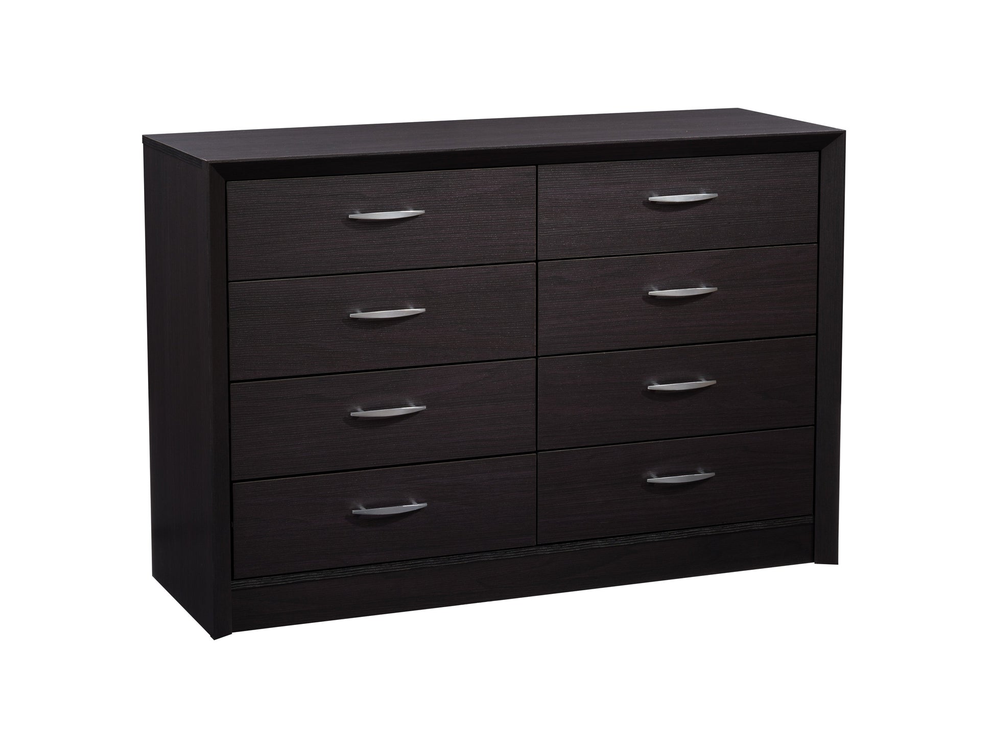 Black 8 drawer dresser, sleek design, metal handles, and modern minimalist style for bedroom storage.