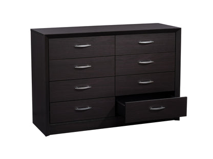 Black 8-drawer dresser with sleek metal handles and a modern, minimalist design.