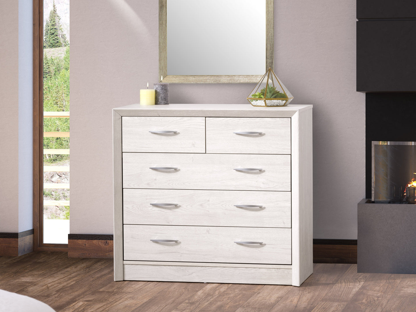 Mid century modern dresser in white washed oak with six drawers and sleek metal handles.