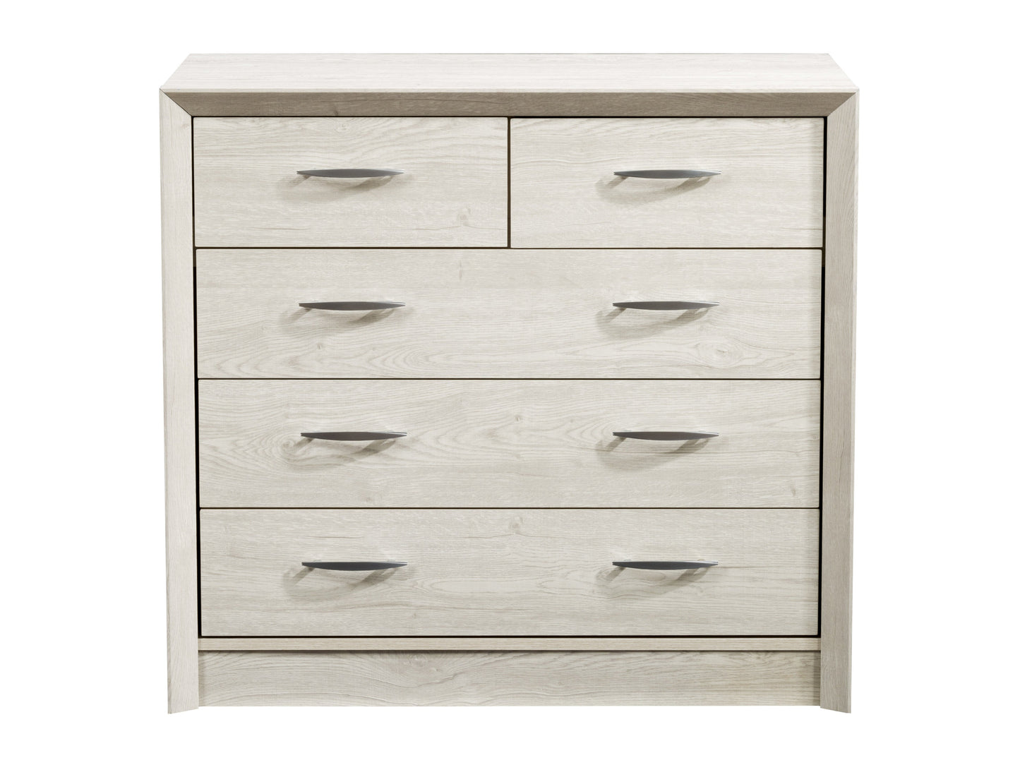 White washed oak mid-century modern dresser with six drawers and sleek metal handles.