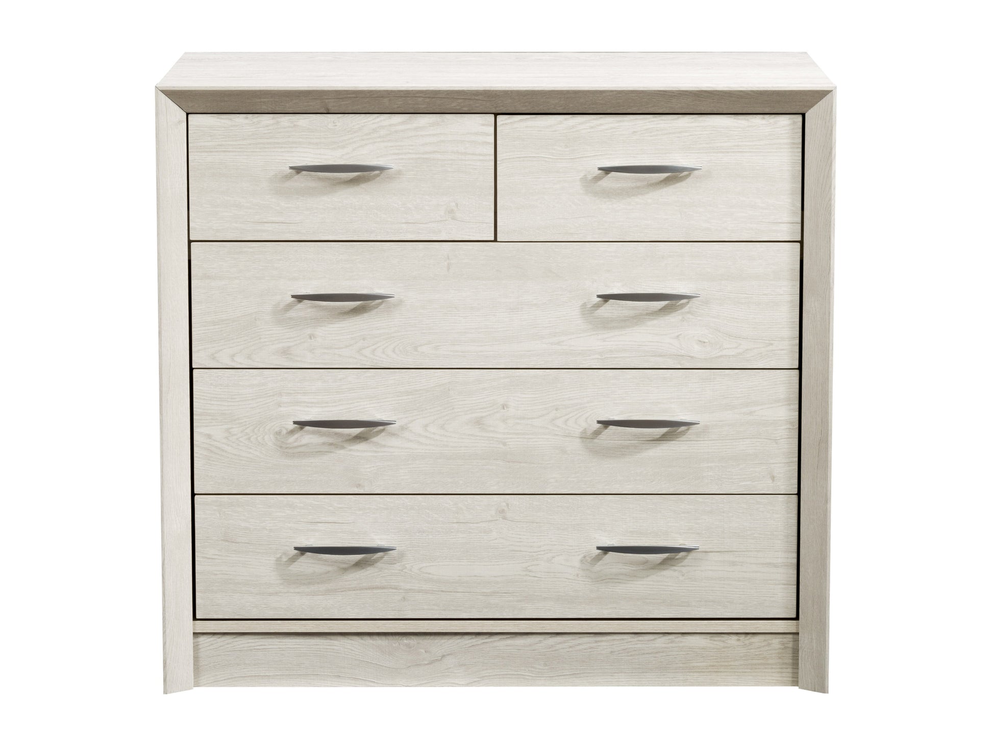 White washed oak mid-century modern dresser with six drawers and sleek metal handles.