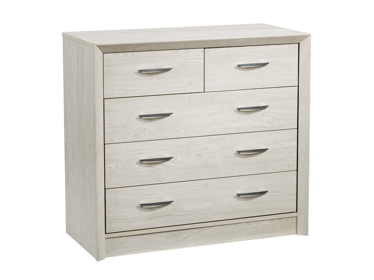 Mid-century modern white washed oak dresser with six drawers and sleek metal handles.