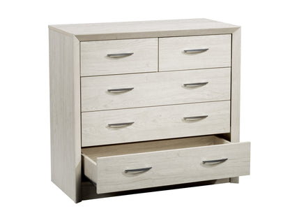 Mid-century modern dresser in white-washed oak with sleek lines and minimalist design, featuring six spacious drawers.