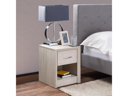 Mid Century Modern night stand in white washed oak with two drawers and sleek, minimalist design.