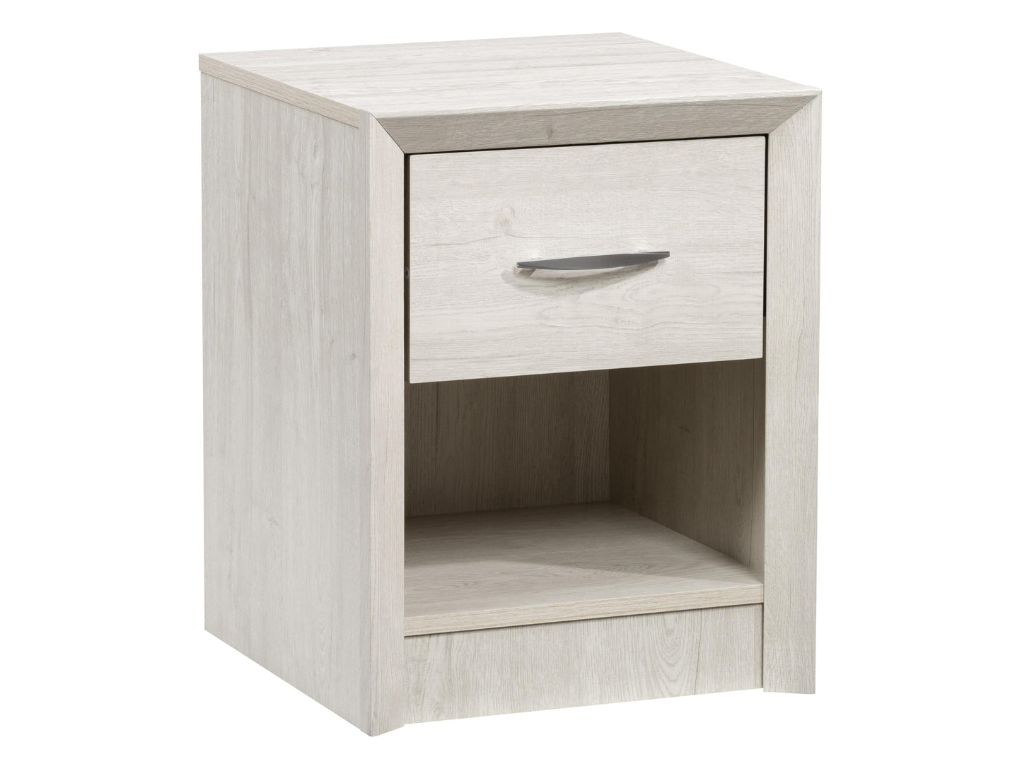 Mid Century Modern night stand in white washed oak with two drawers, sleek design, and minimalist metal handles.