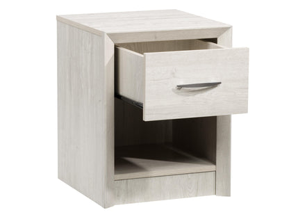 White washed oak mid-century modern nightstand with single drawer and open shelf, minimalist design.