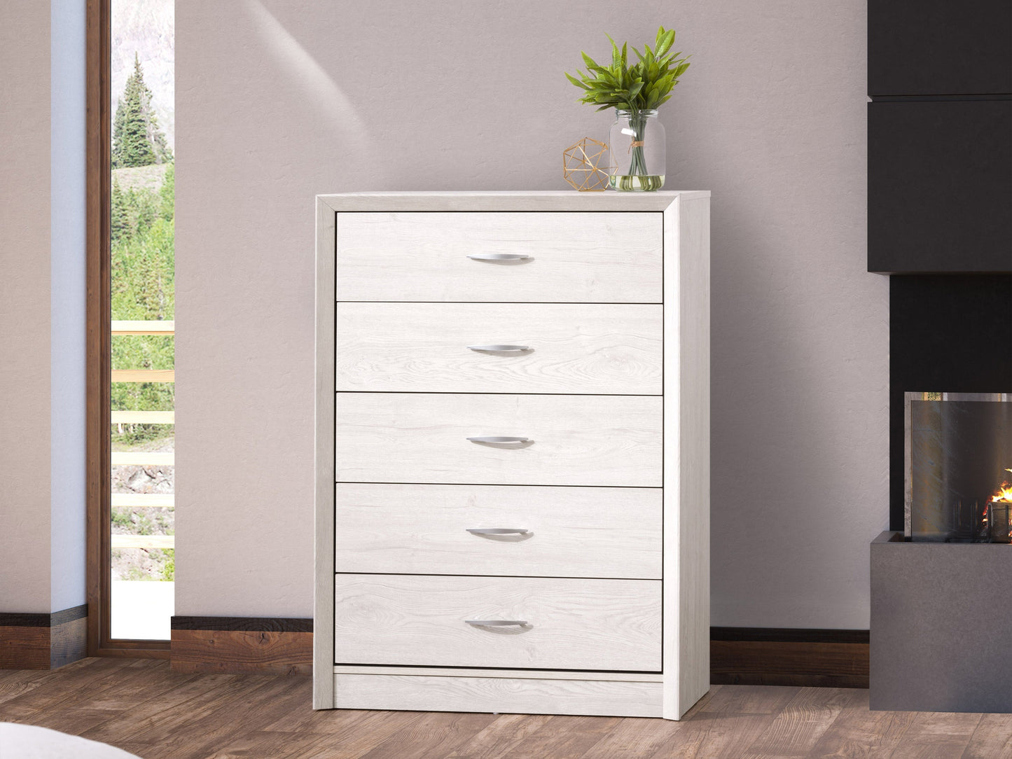 White washed oak tall bedroom dresser with five drawers, sleek handles, and a minimalist design.