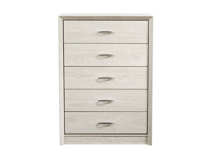 White washed oak tall bedroom dresser with five drawers, metal handles, and a sleek, modern design.