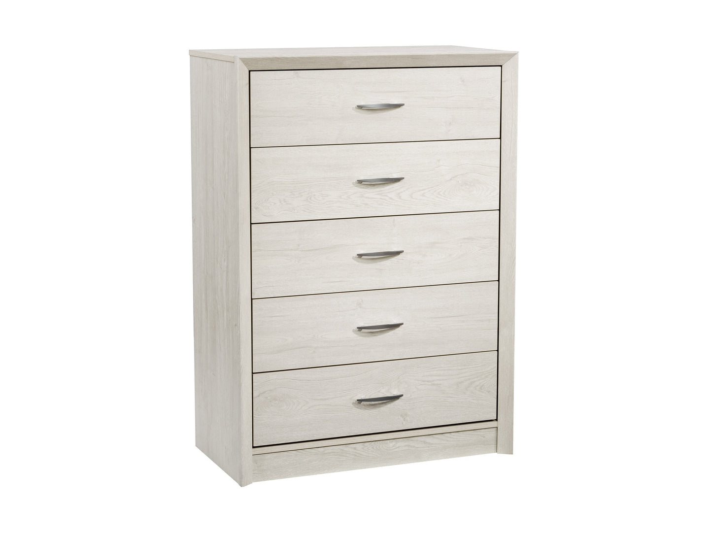 White washed oak tall bedroom dresser with five drawers and sleek metal handles.