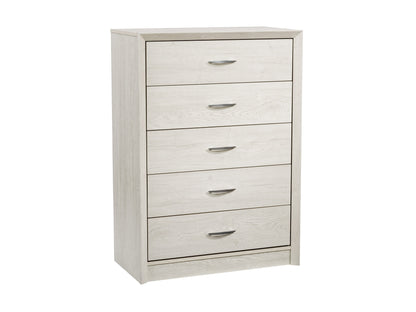 White washed oak tall bedroom dresser with five drawers and sleek metal handles.