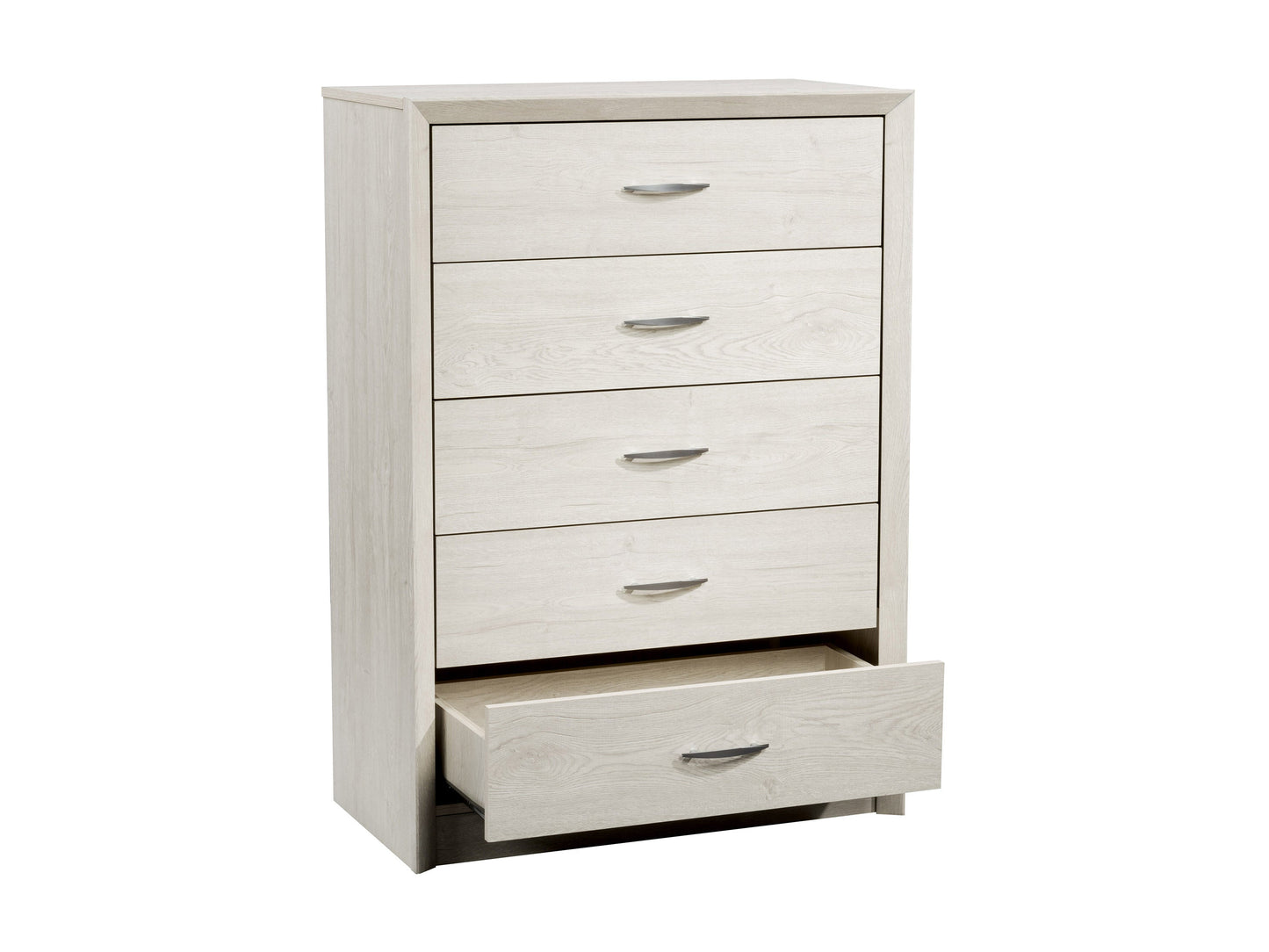 White washed oak tall bedroom dresser with multiple drawers and sleek metal handles.