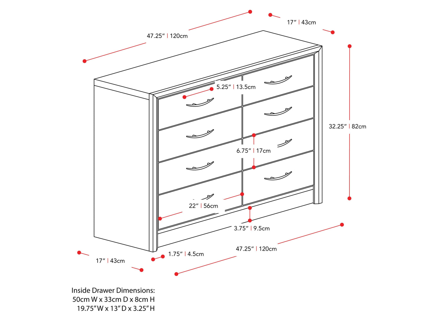 White washed oak 8-drawer dresser with sleek metal handles and a minimalist design.