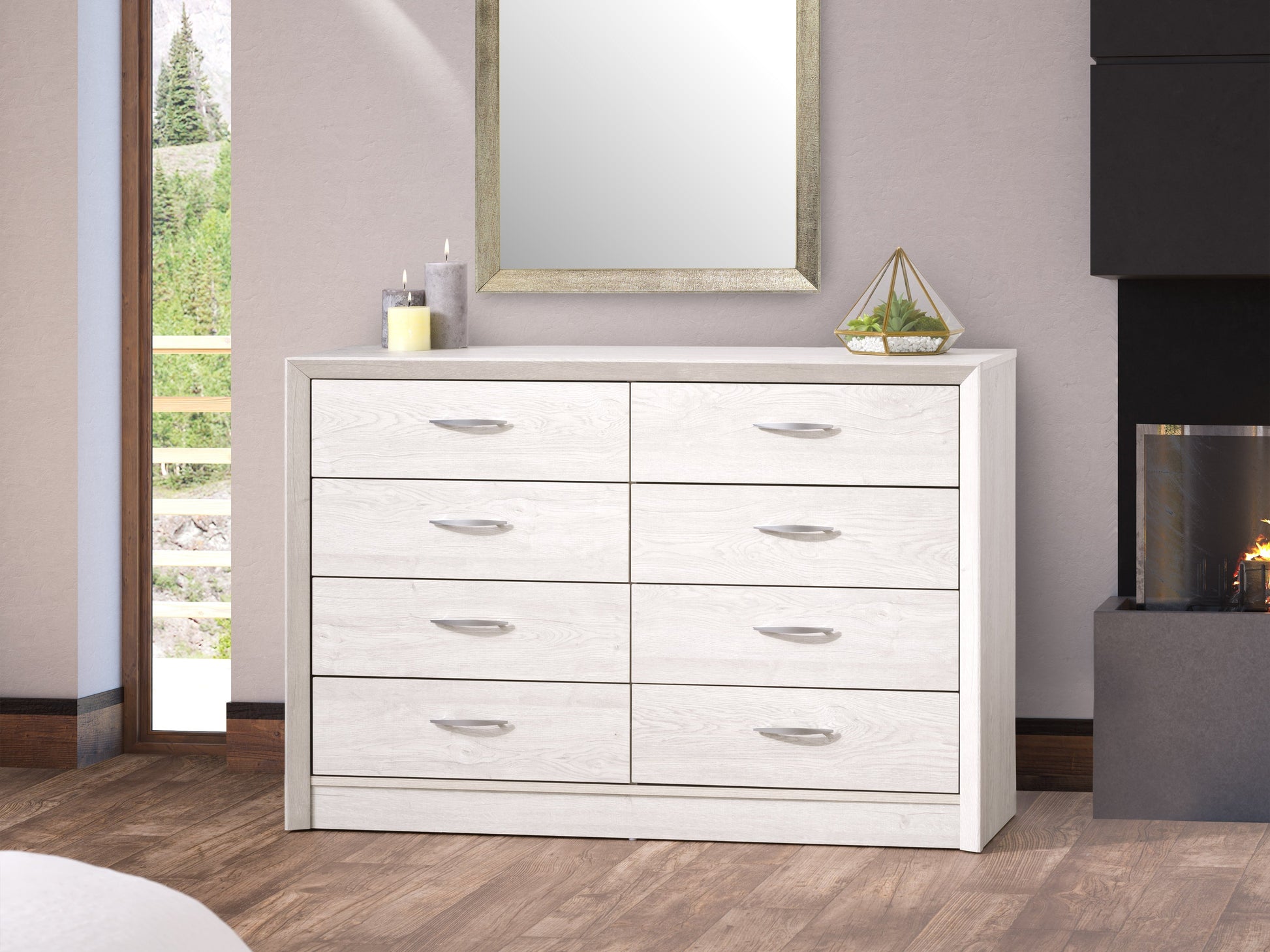 White washed oak 8 drawer dresser with black metal handles, modern design, and ample storage space.