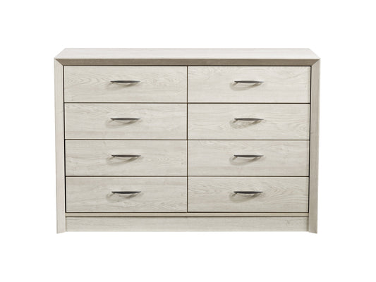 White washed oak 8 drawer dresser with sleek handles and minimalist design.