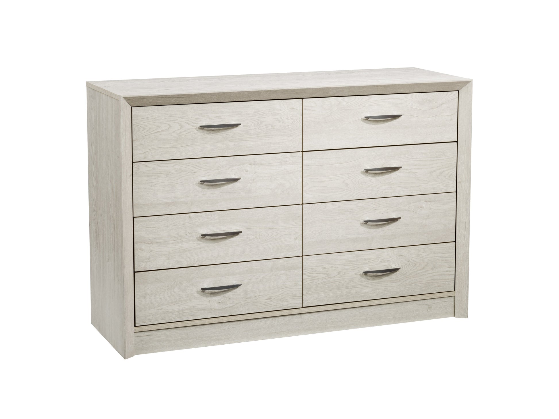 White washed oak 8 drawer dresser with minimalist design and sleek metal handles.