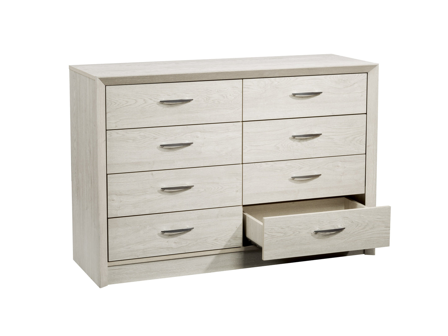 White washed oak 8 drawer dresser with sleek metal handles and a minimalist design.