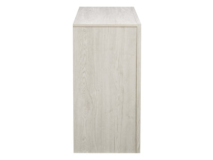 White washed oak 8 drawer dresser with sleek metal handles, minimalist design, and ample storage space.